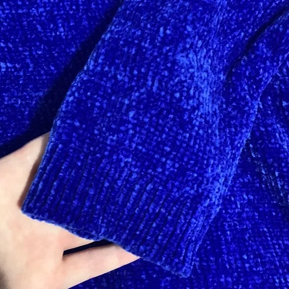 Express Cobalt Blue Chenille 3/4 Sleeve Cropped Loose Fit Sweater US Small - Picture 13 of 13